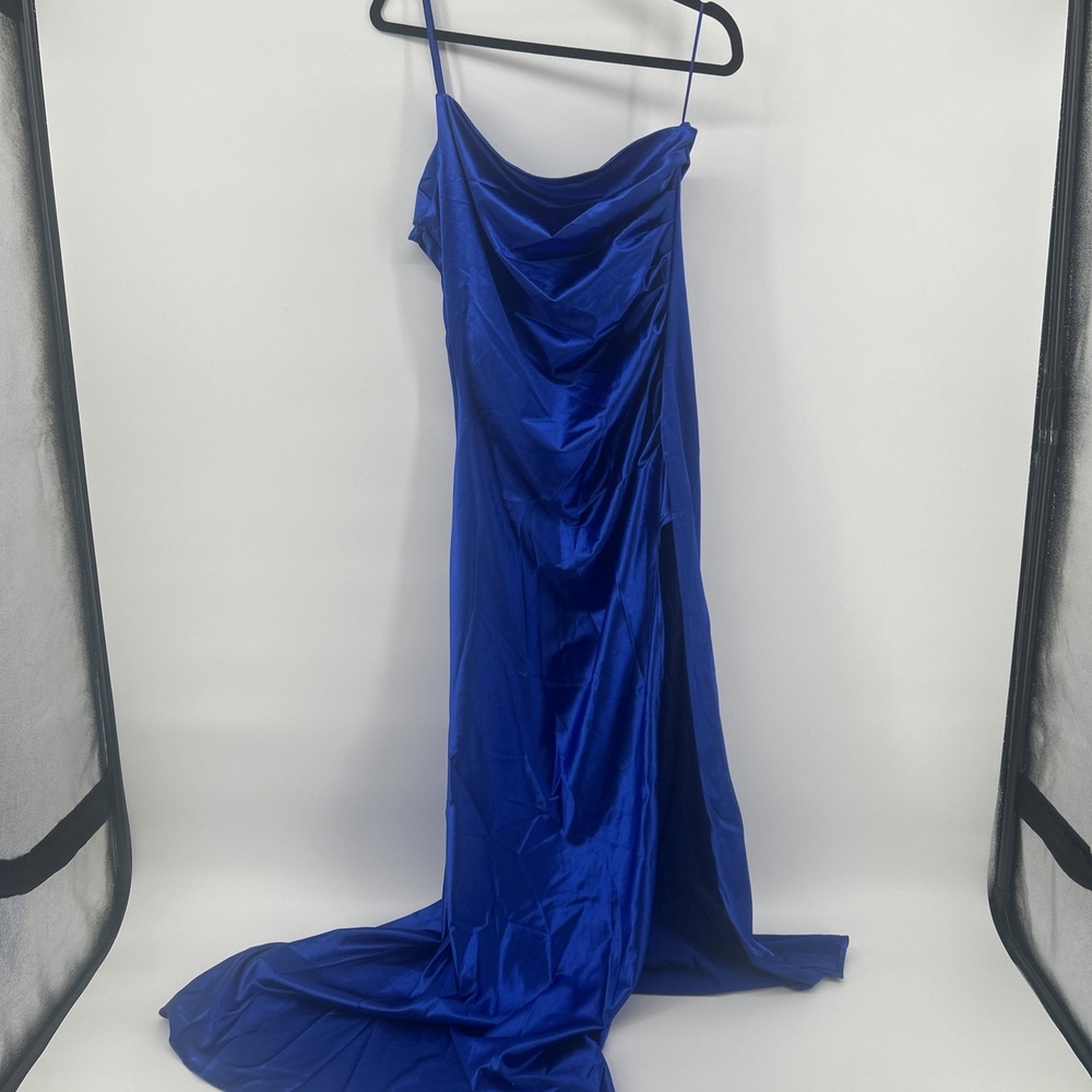 Gala-Ready Royal Blue Satin One-Shoulder Gown High Slit Size L NWOT Prom Party
